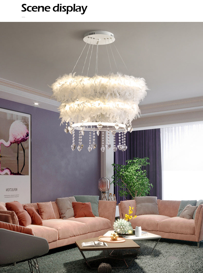 Tapered Feather Chandelier Pendant Nordic LED Hanging Light Fixture with Crystal Decor for Dining Room