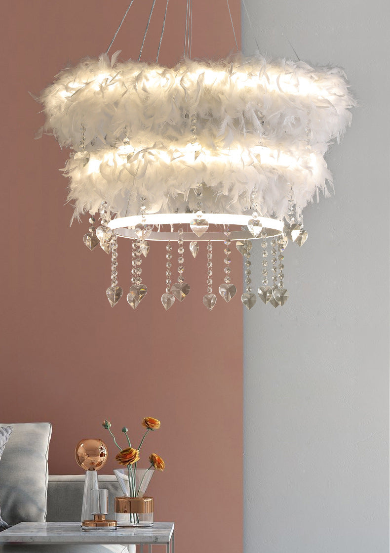 Tapered Feather Chandelier Pendant Nordic LED Hanging Light Fixture with Crystal Decor for Dining Room