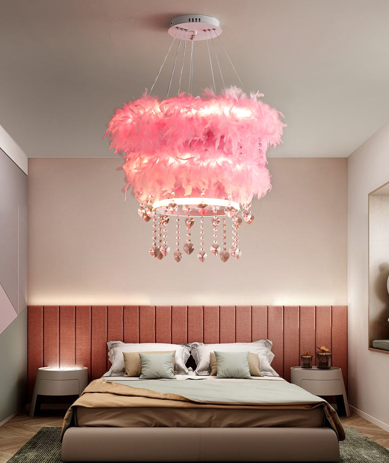 Tapered Feather Chandelier Pendant Nordic LED Hanging Light Fixture with Crystal Decor for Dining Room