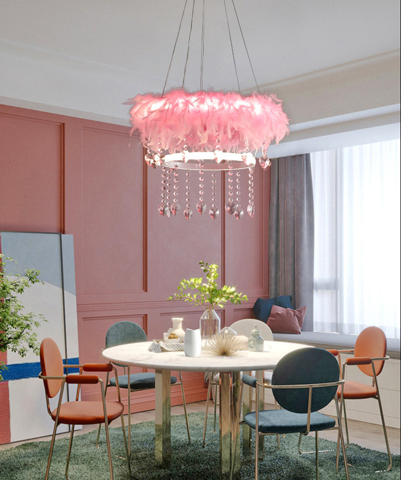 Tapered Feather Chandelier Pendant Nordic LED Hanging Light Fixture with Crystal Decor for Dining Room