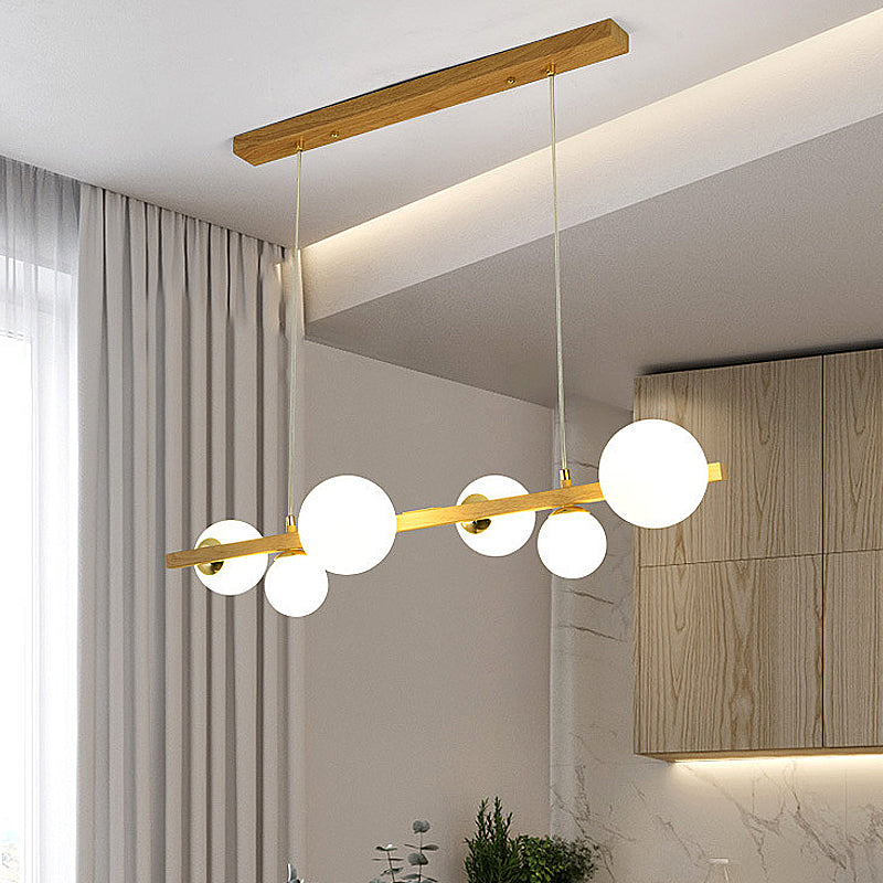 Natural Wood Finish Chandelier 6-Light Glass Shaded Ceiling Light with Adjustable Height