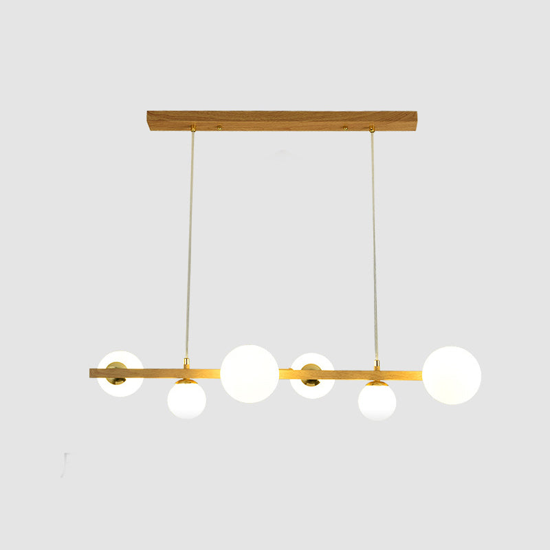 Natural Wood Finish Chandelier 6-Light Glass Shaded Ceiling Light with Adjustable Height