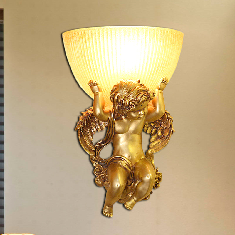 Angel Sconce Light Colony Metal 1 Head White/Gold Wall Lamp Fixture with Dome Amber Glass Shade, Left/Right