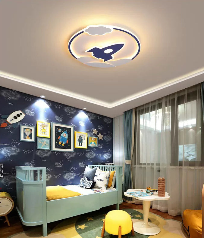 Modern Rocket Flush Mount Ceiling Light Fixture Metal LED Bedroom Flushmount Lighting in Blue