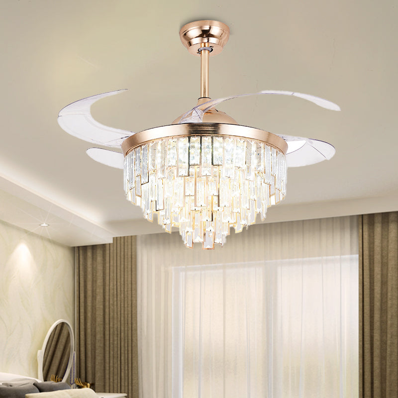 Kristallzylindrische Deckenventilator Leuchte Modernismus LED -Beleuchtung in Gold mit Fernbedienung/Wandsteuerung/Fernbedienung und Wandsteuerung für den Wohnzimmer