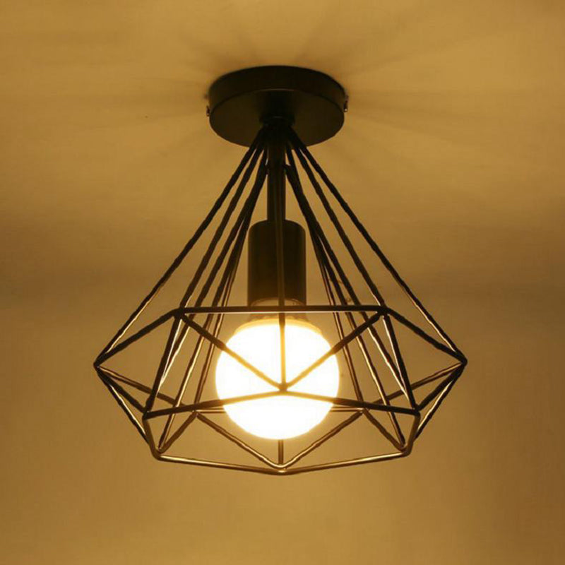 Black Close to Ceiling Lighting Industrial Metal Cage Diamond Ceiling Light Fixture