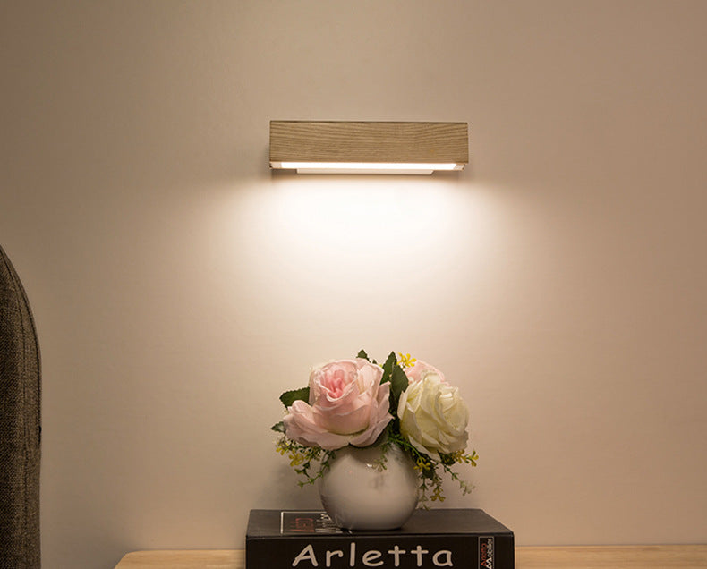 Modern Indoor Wall Sconce LED Rectangular Wooden Wall Lamp for Bedside with Adjustable Head