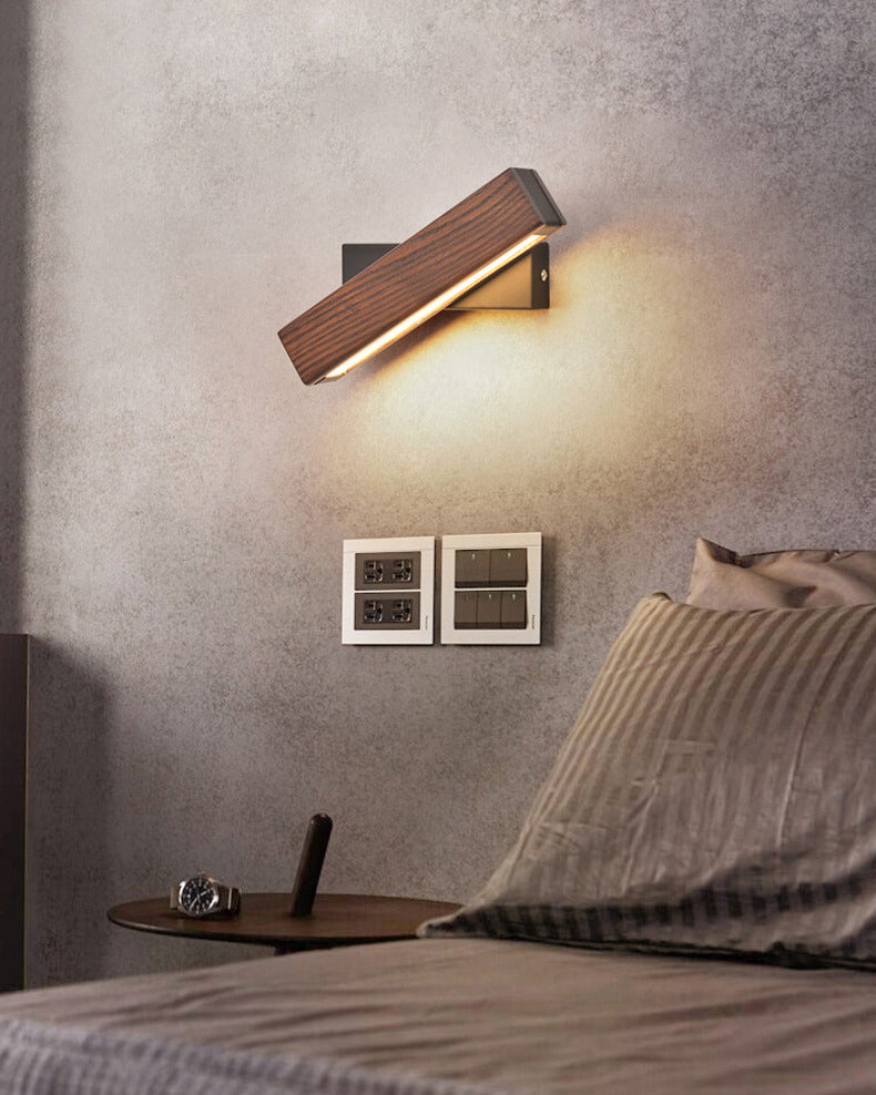 Modern Indoor Wall Sconce LED Rectangular Wooden Wall Lamp for Bedside with Adjustable Head