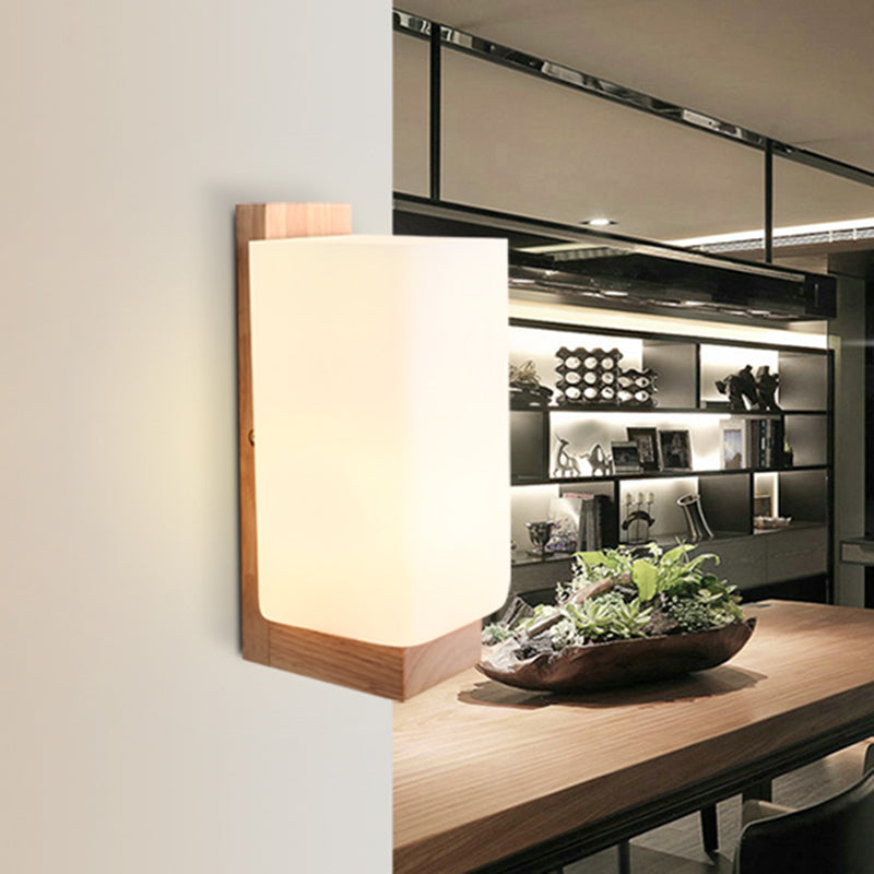 Modern Style Solid Wood Bedside Wall Sconce 1-Lights Rectangle White Frosted Glass Shade Wall Lamp