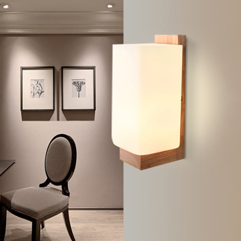 Modern Style Solid Wood Bedside Wall Sconce 1-Lights Rectangle White Frosted Glass Shade Wall Lamp
