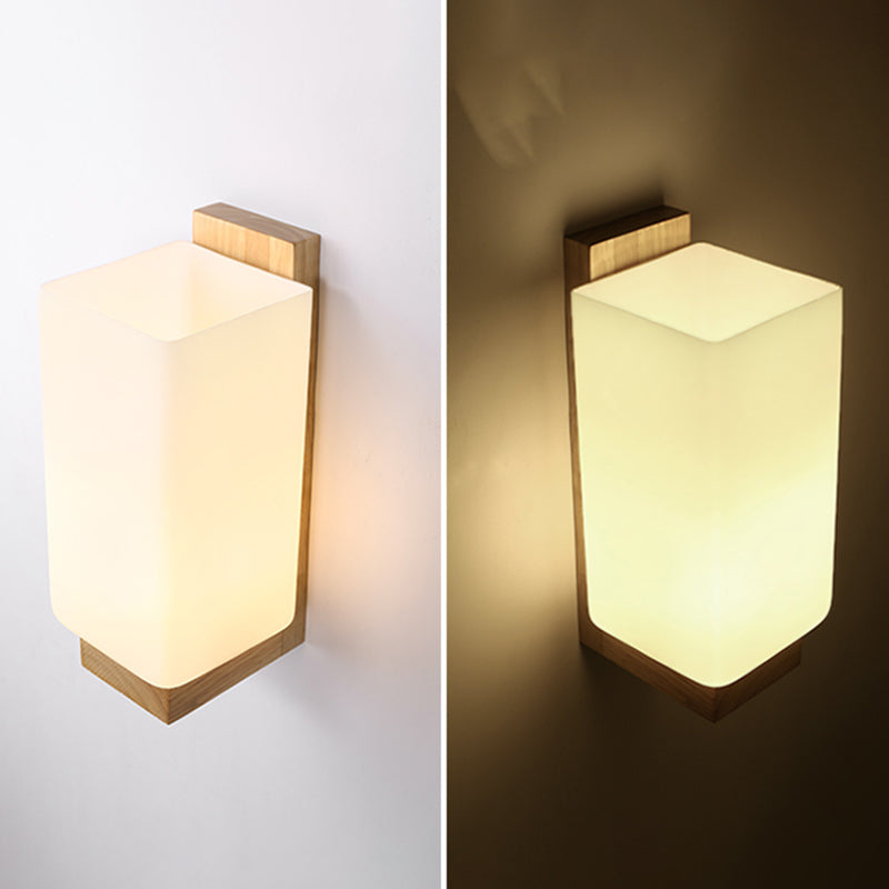 Modern Style Solid Wood Bedside Wall Sconce 1-Lights Rectangle White Frosted Glass Shade Wall Lamp