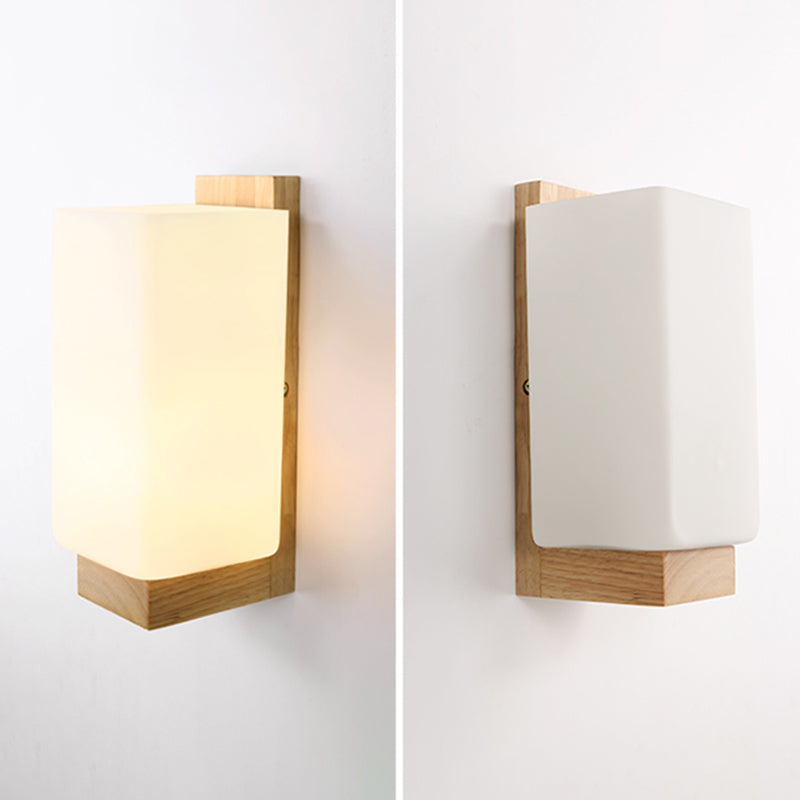 Modern Style Solid Wood Bedside Wall Sconce 1-Lights Rectangle White Frosted Glass Shade Wall Lamp