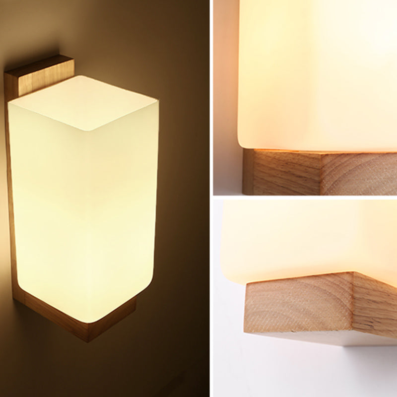 Modern Style Solid Wood Bedside Wall Sconce 1-Lights Rectangle White Frosted Glass Shade Wall Lamp