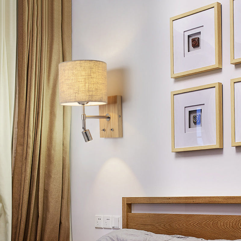 Cylinder Fabric Shade Bedside Reading Wall Light 2-Lights Wooden Simplicity Wall Sconce