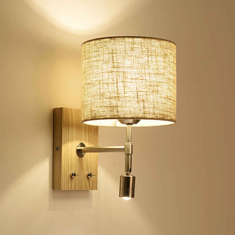 Cylinder Fabric Shade Bedside Reading Wall Light 2-Lights Wooden Simplicity Wall Sconce