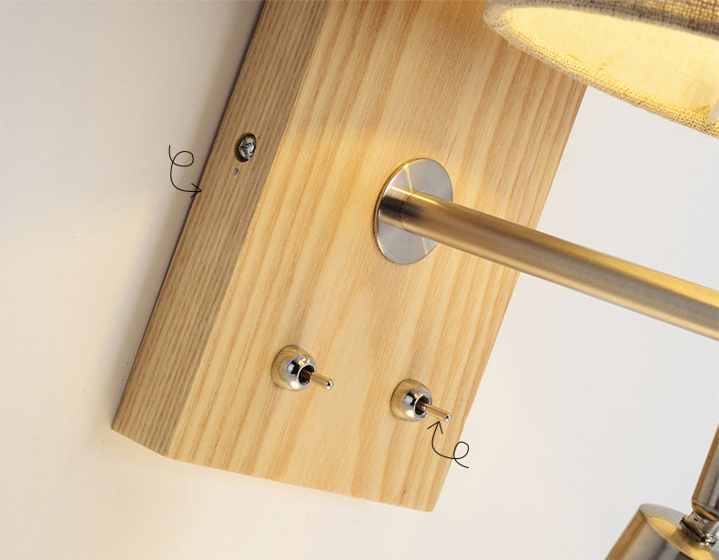 Cylinder Fabric Shade Bedside Reading Wall Light 2-Lights Wooden Simplicity Wall Sconce