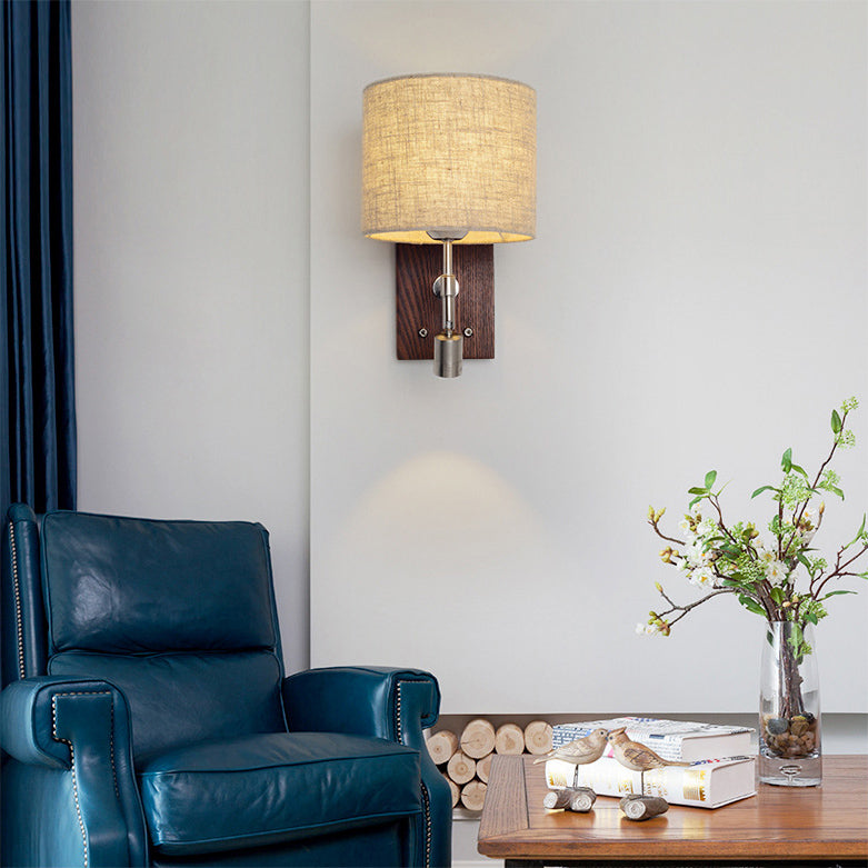Cylinder Fabric Shade Bedside Reading Wall Light 2-Lights Wooden Simplicity Wall Sconce