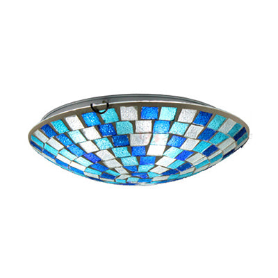 Plafonnier rond style Tiffany 12"/16" W en verre teinté, 1 ampoule, plafonnier encastré avec décor de coquille en bleu/bleu ciel