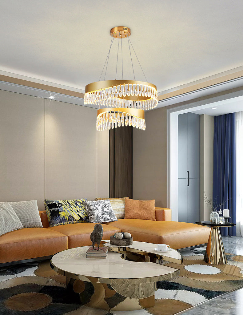 Adjustable Hanging Cord Chandelier Light Modern Round Crystal Ceiling Pendant for Restaurant