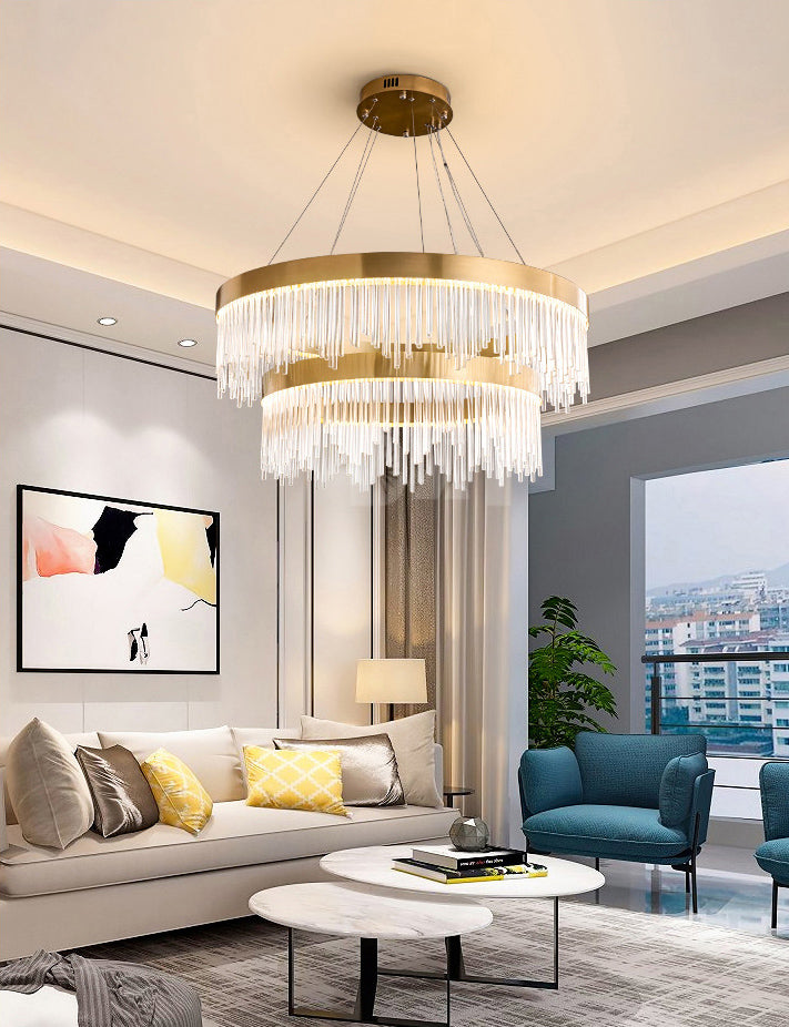 Modern Round Chandelier Glass Crystal Pendant Ceiling Lights with Adjustable Hanging Cord for Living Room