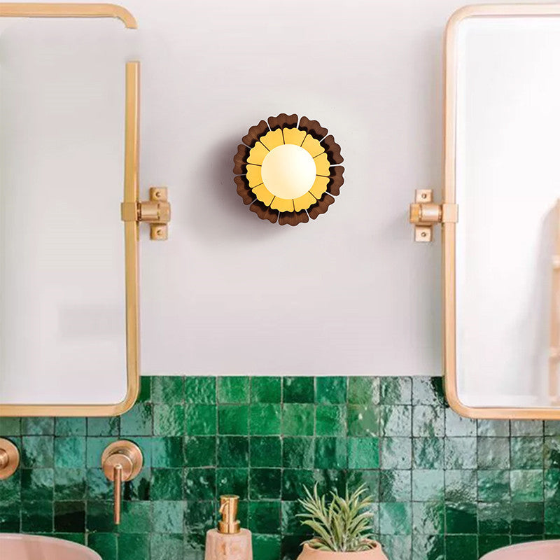 Macaron Sunflower Sconce Light Metallic 1-Light Yellow Wall Mount Lamp with Matte White Glass Ball