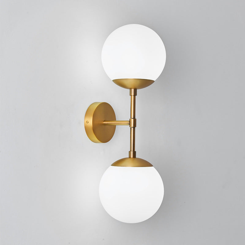 Armed Double Globe Wall Sconce Light Minimalist Milky Glass 2-Light Wall Mount Lamp in Brass