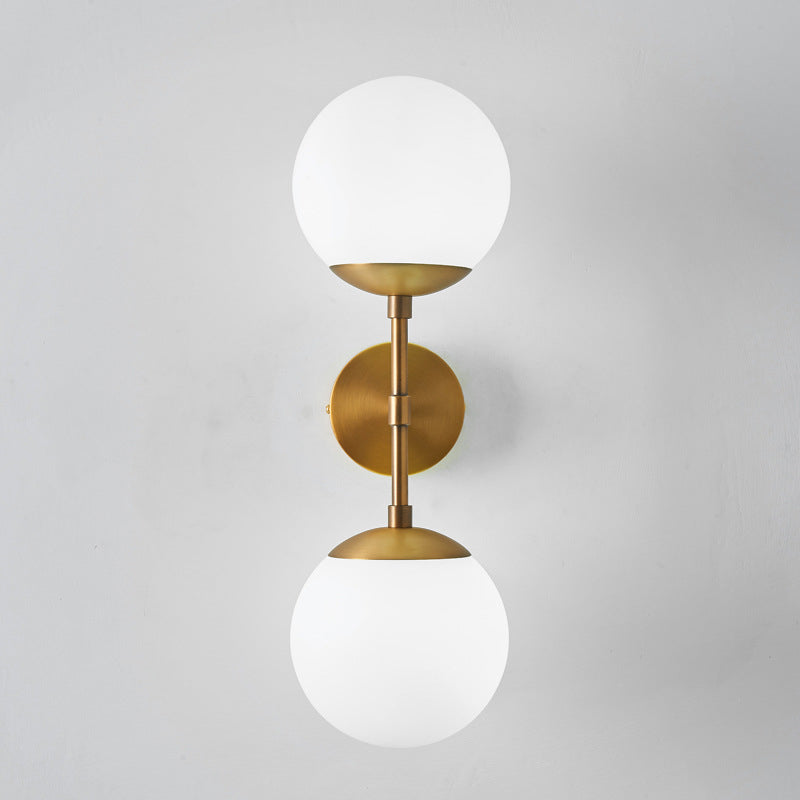 Armed Double Globe Wall Sconce Light Minimalist Milky Glass 2-Light Wall Mount Lamp in Brass