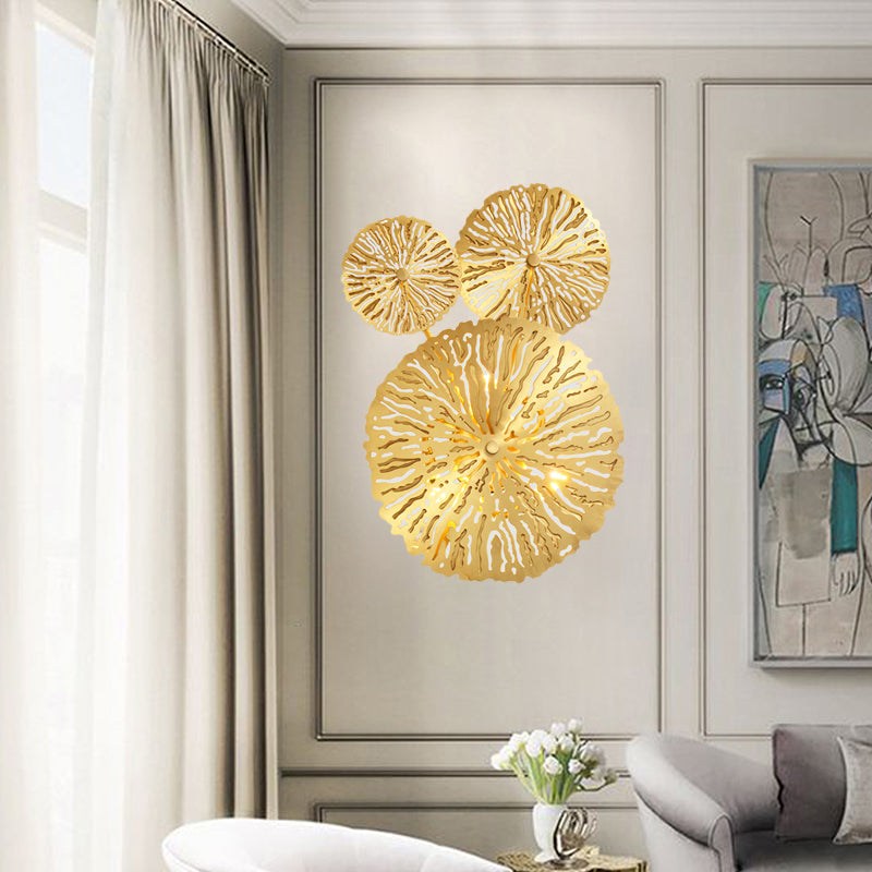 3/6/7 Heads Brass Wall Mount Lamp Asian Style Gold Finish Etched Lotus Leaf Wall Light Sconce