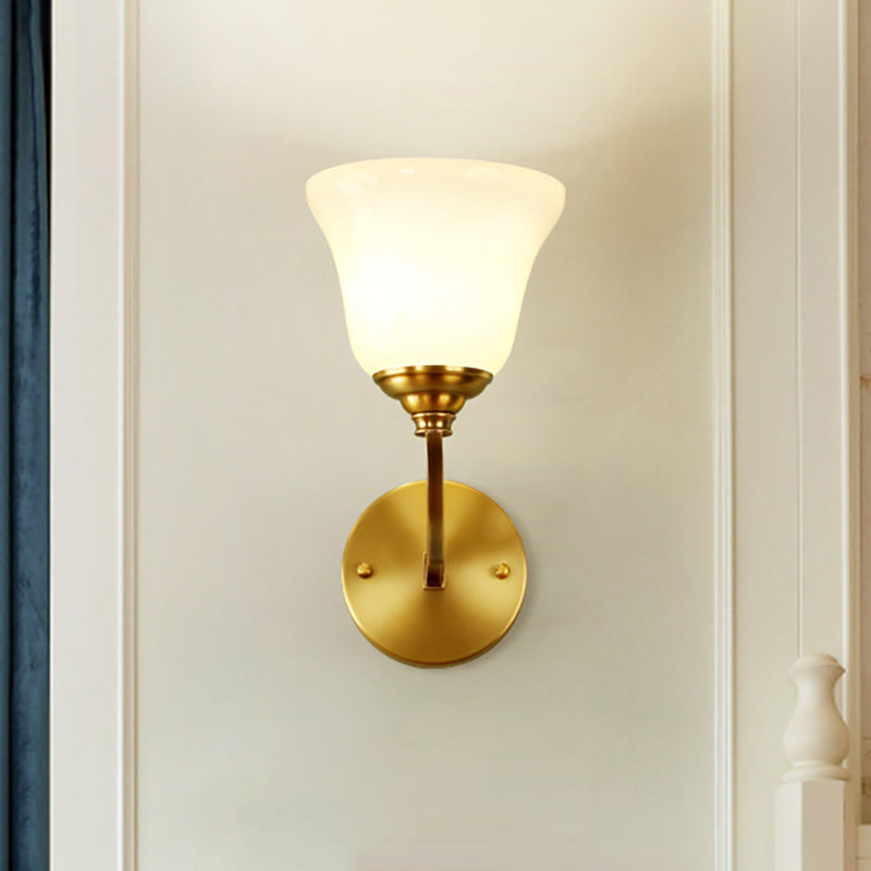 Gold 1 Light Wall Sconce Fixture Colonial Style Milk Glass Bell Shade Wall Mount Light for Corridor