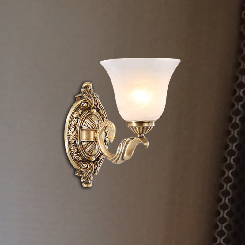 Floral Stairway Wall Sconce Vintage Style Metal 1 Light Gold Wall Mount Lamp with Opal Glass Shade