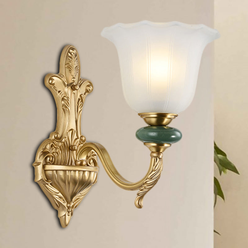 1/2-Head Bell Wall Light Sconce Vintage Style Opal Glass Wall Mount Lamp with Golden Curved Arm for Bedside