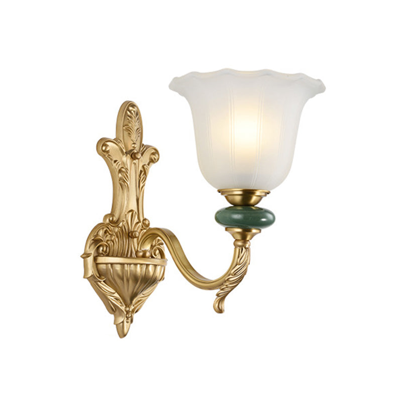 1/2-Head Bell Wall Light Sconce Vintage Style Opal Glass Wall Mount Lamp with Golden Curved Arm for Bedside