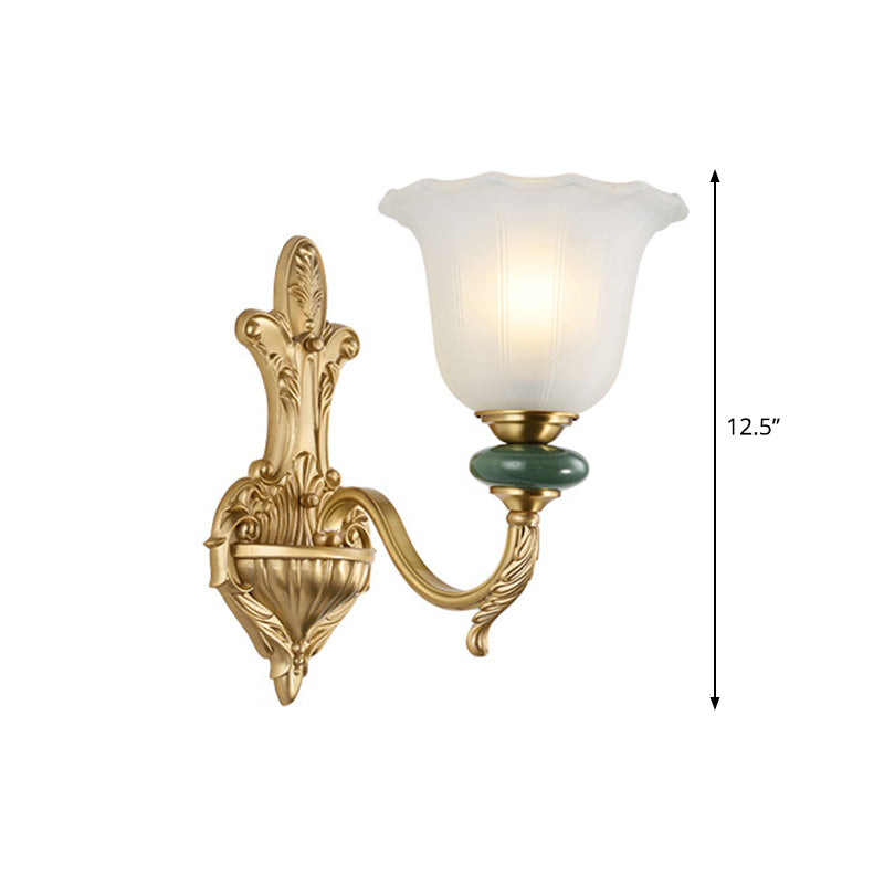 1/2-Head Bell Wall Light Sconce Vintage Style Opal Glass Wall Mount Lamp with Golden Curved Arm for Bedside