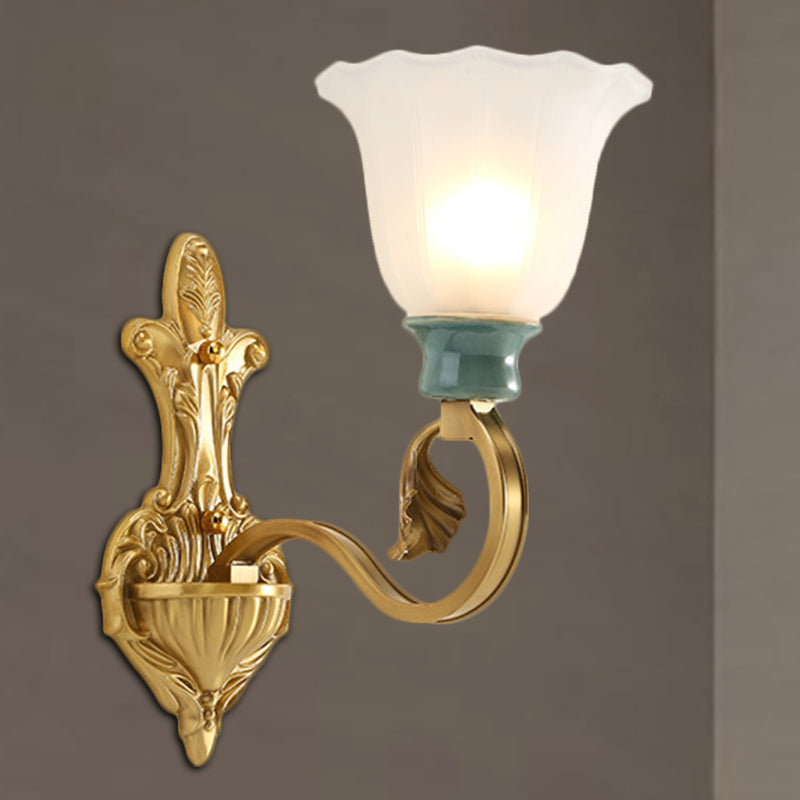 Petal Shade Bedroom Wall Mount Lamp Vintage Stylish Frosted Glass 1/2-Bulb Gold Finish Wall Sconce