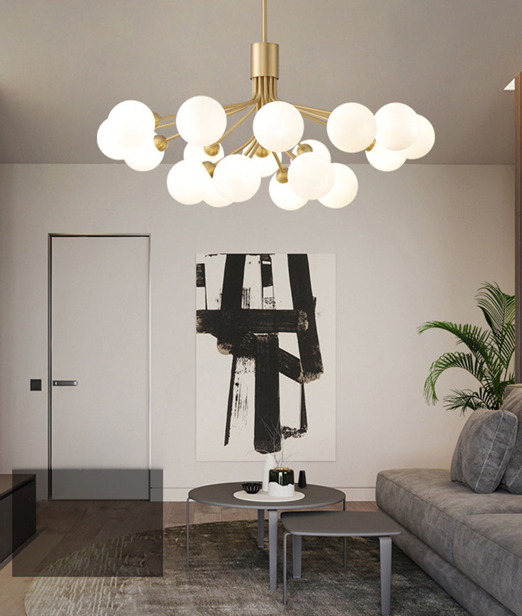 Post-Modern Starburst Hanging Chandelier Light Opal Glass Shade Ceiling Chandelier in Gold for Living Room