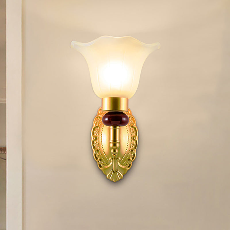 1/2-Head Wall Light Fixture with Petal Shade Opal Glass Vintage Style Bedroom Wall Sconce in Gold