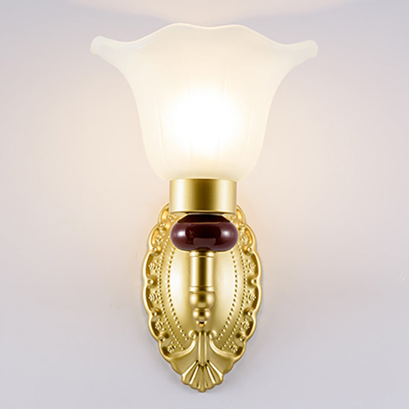 1/2-Head Wall Light Fixture with Petal Shade Opal Glass Vintage Style Bedroom Wall Sconce in Gold