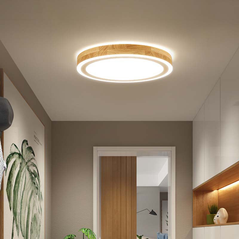 Wood Round Flush Mounted Lighting Fixture Nordic Beige LED Ceiling Flush Mount