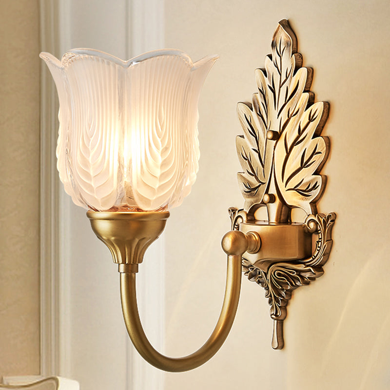Golden Leaf Wall Sconce Light Antique Style Metal 1/2-Light Bedroom Wall Lamp with Frosted Glass Bell Shade