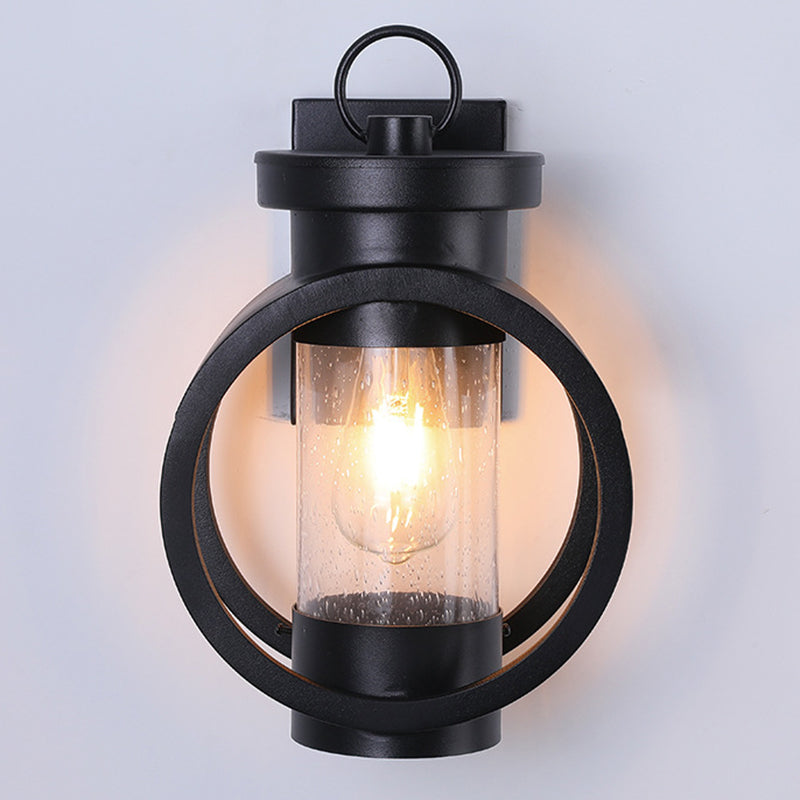 Industrial Style Black Wrought Iron Wall Sconce with Seeded Glass Cylinder Shade Single Bulb Outdoor Lighting Fixture