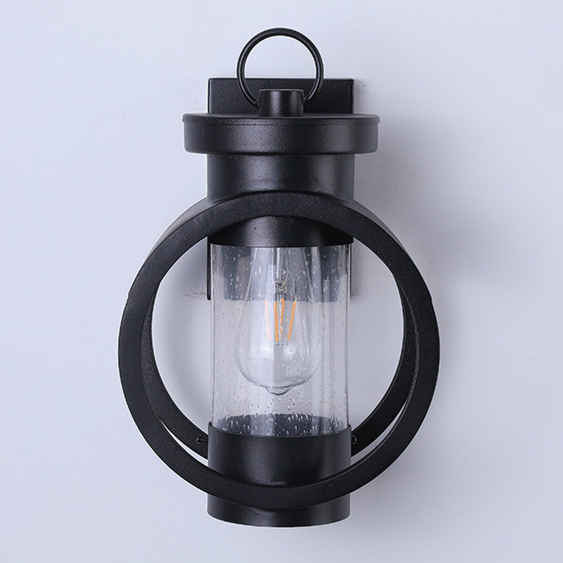 Industrial Style Black Wrought Iron Wall Sconce with Seeded Glass Cylinder Shade Single Bulb Outdoor Lighting Fixture