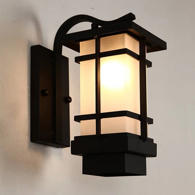 Black Retro Metallic Wall Sconce with Gooseneck Arm Rectangle Milk White Shade Waterproof Wall Lamp