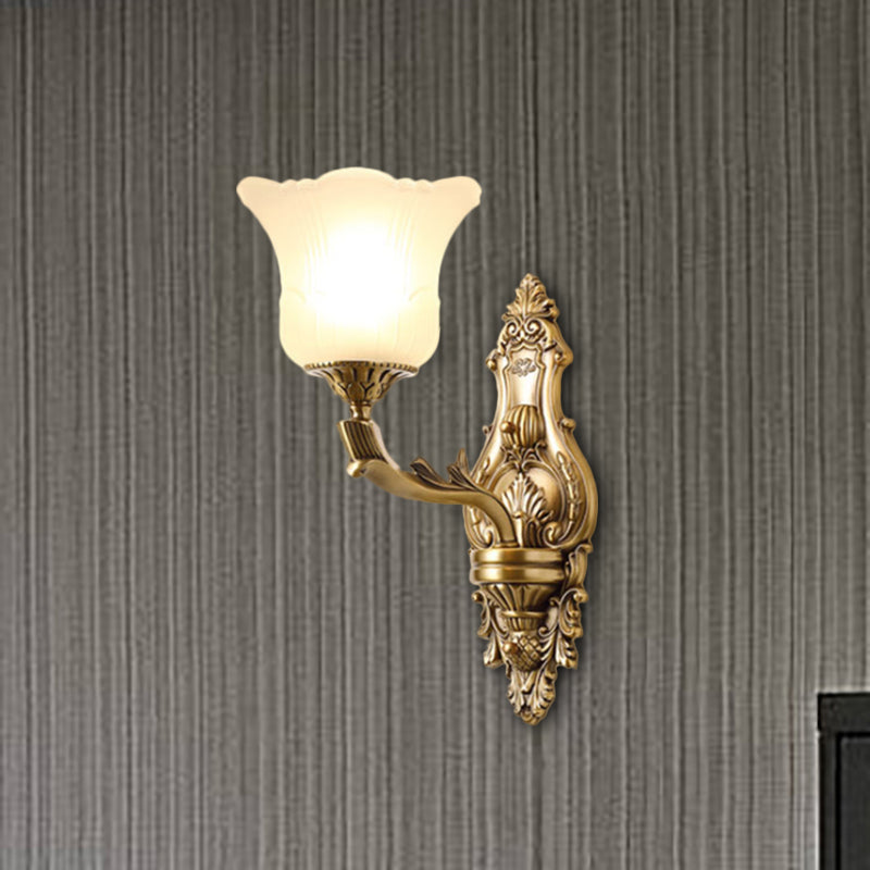 Opal Glass Petal Wall Sconce Classic Style 1/2-Head Bedroom Wall Light Fixture with Brass Carved Arm