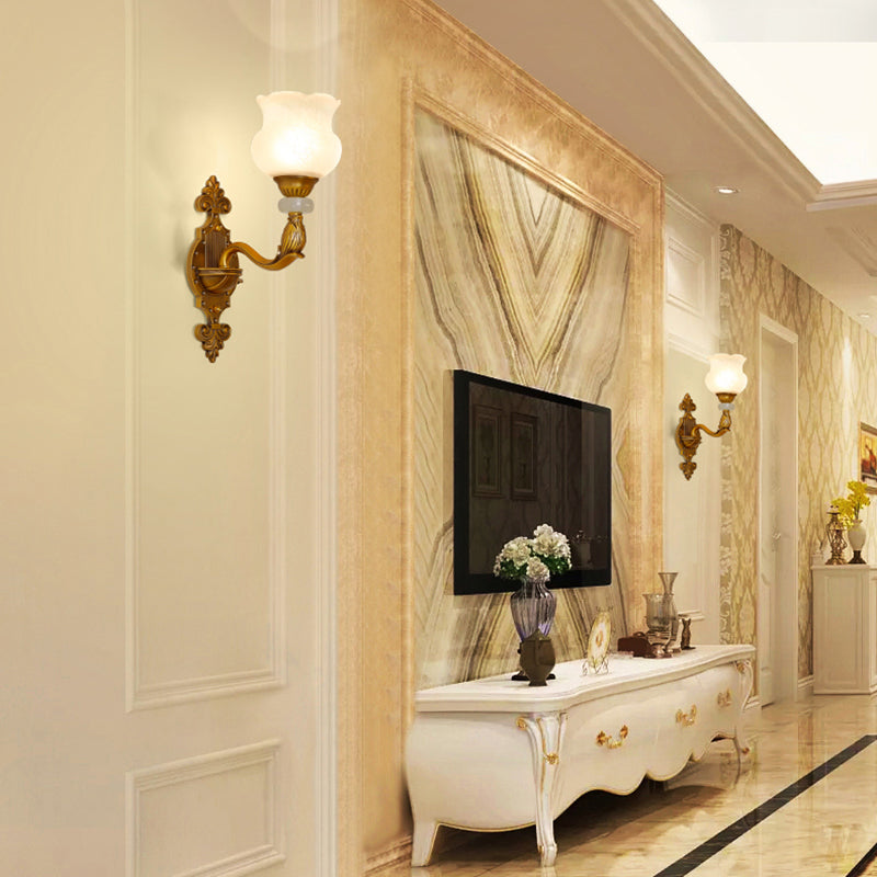 1/2-Bulb Floral Wall Light Fixture Classic Style Milk Glass Sconce Lamp with Brass Carved Backplate