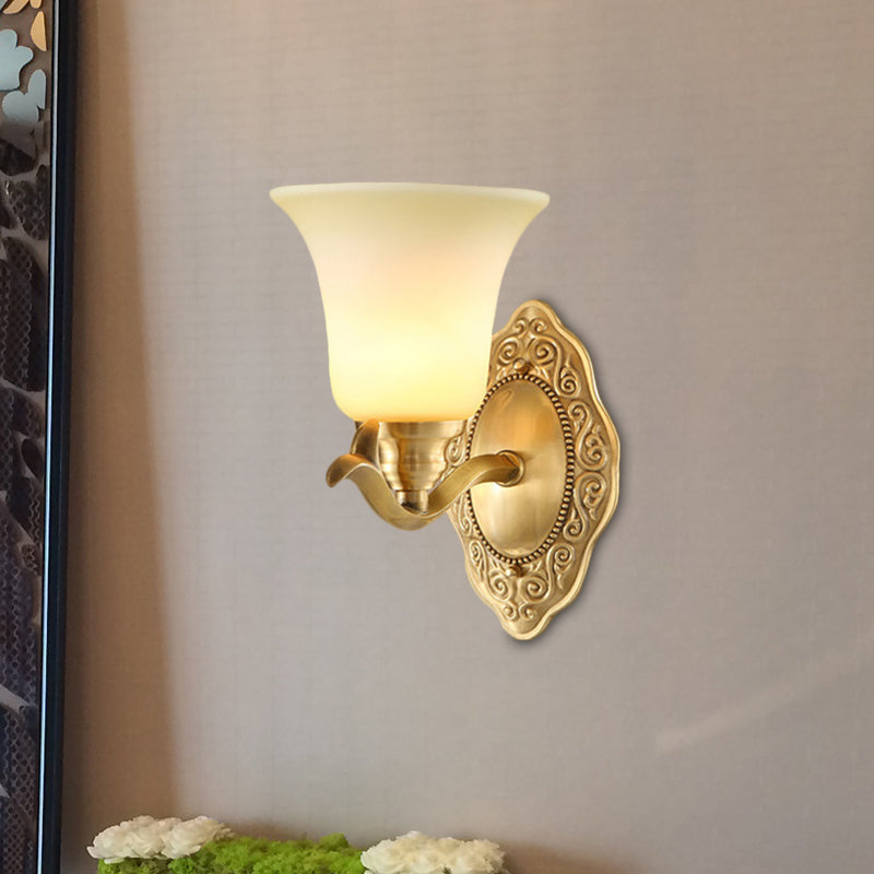 Traditional Bell Shade Wall Light Fixture 1/2-Light Frosted Glass Sconce Lamp with Golden Metallic Arm