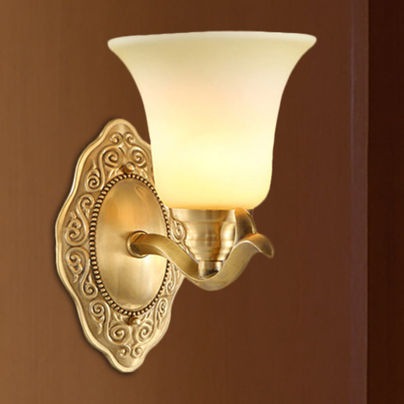 Traditional Bell Shade Wall Light Fixture 1/2-Light Frosted Glass Sconce Lamp with Golden Metallic Arm