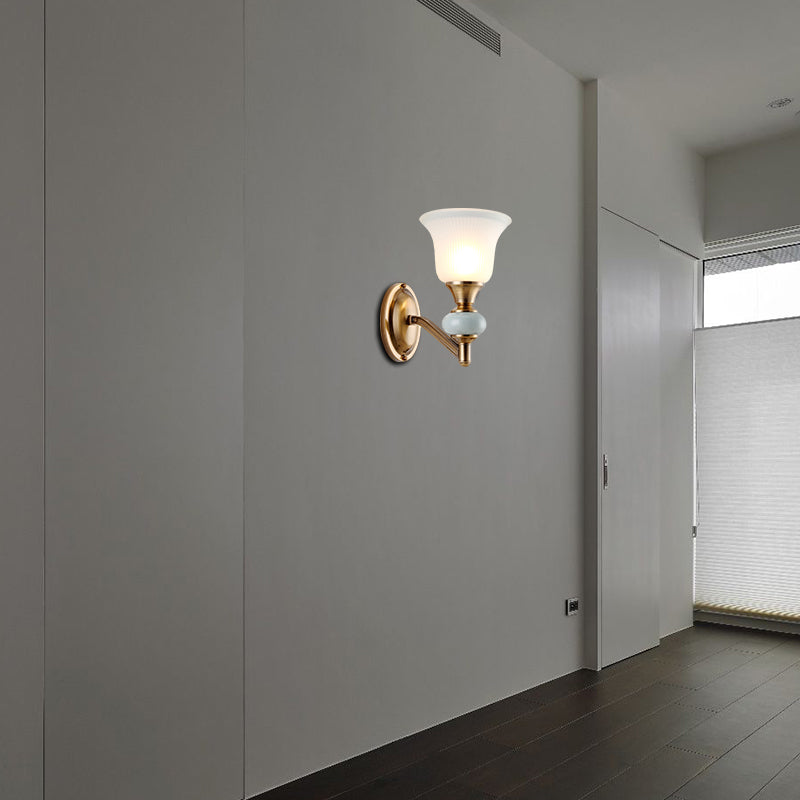 1/2-Head Wall Lighting Fixture with Bell Shade Frosted Glass Vintage Bedroom Wall Light in Brass