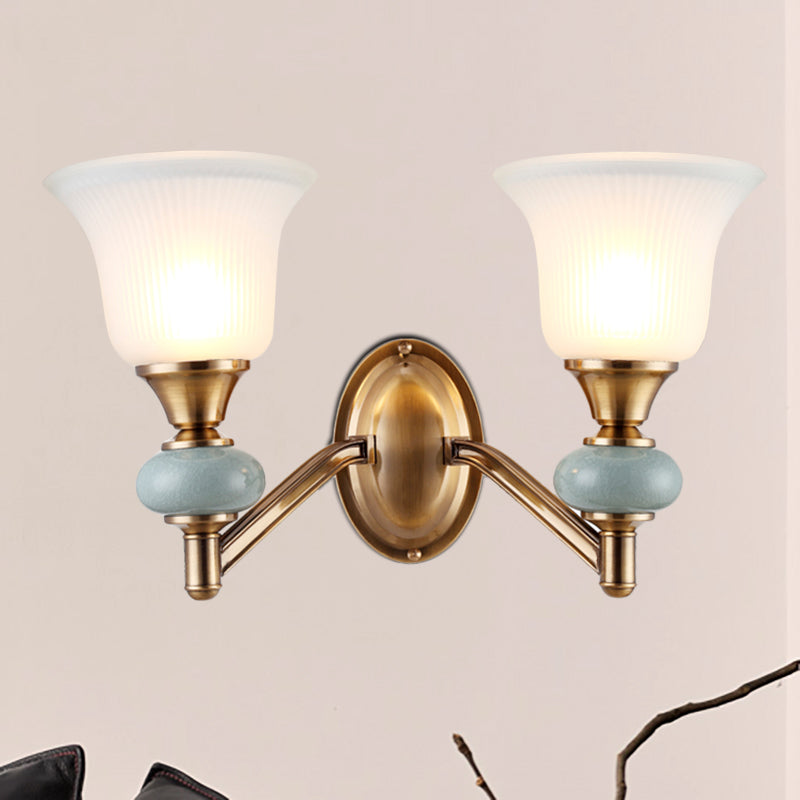 1/2-Head Wall Lighting Fixture with Bell Shade Frosted Glass Vintage Bedroom Wall Light in Brass