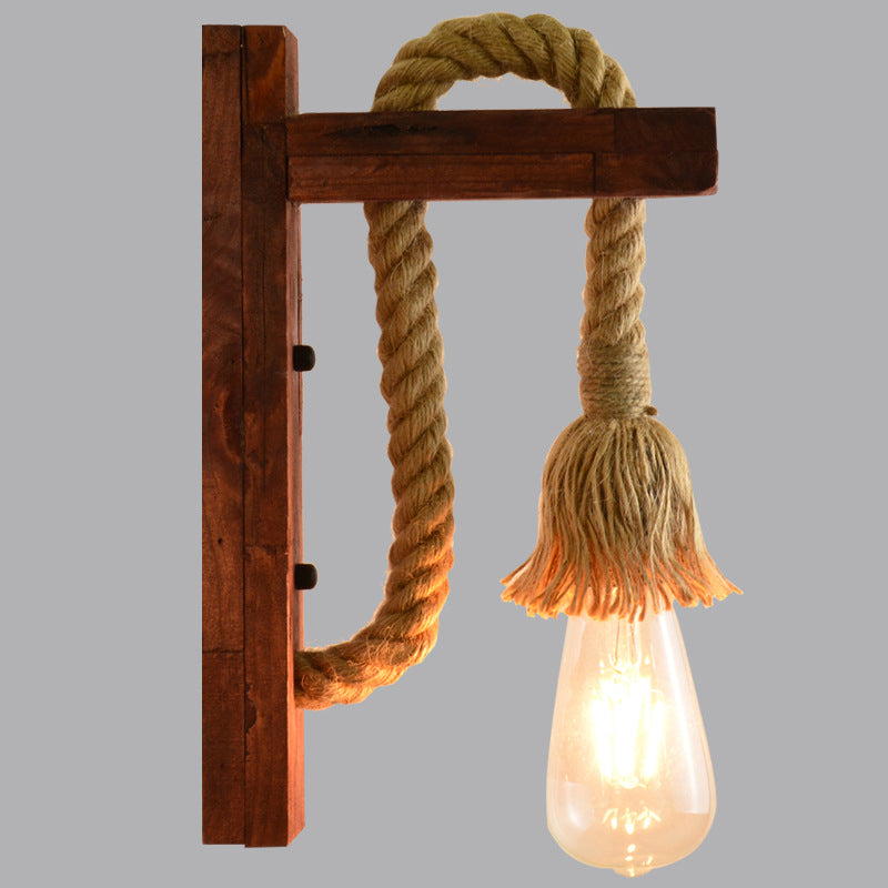 Retro Industrial Style Natural Manila Rope Sconce Wall Light Wood 1 Light Sconces