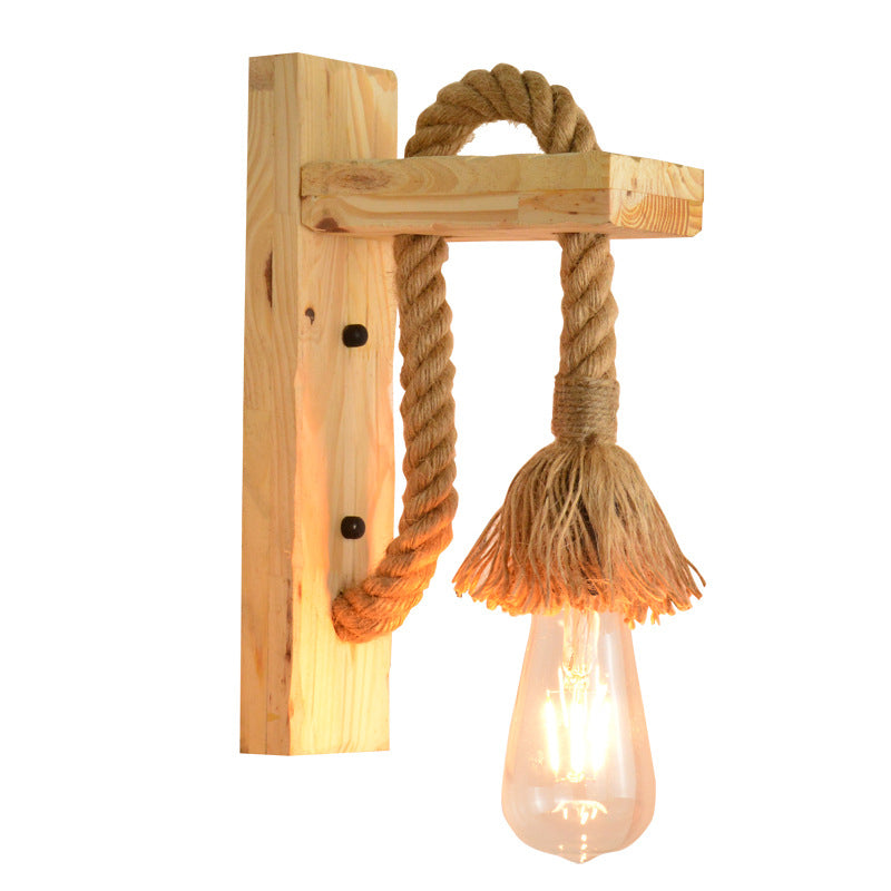 Retro Industrial Style Natural Manila Rope Sconce Wall Light Wood 1 Light Sconces